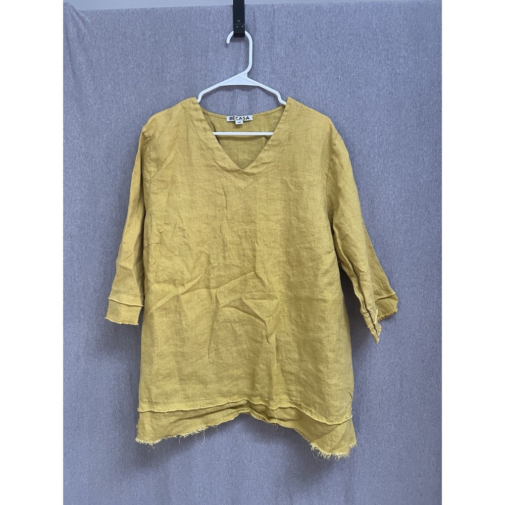 BECASA V-NECK YELLOW LONG SLEEVE  100% LINEN TUNIC SZ M MADE IN USA